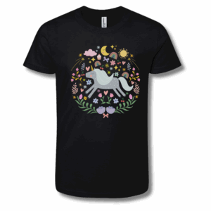 black youth t-shirt with a design of unicorns and flowers and stars