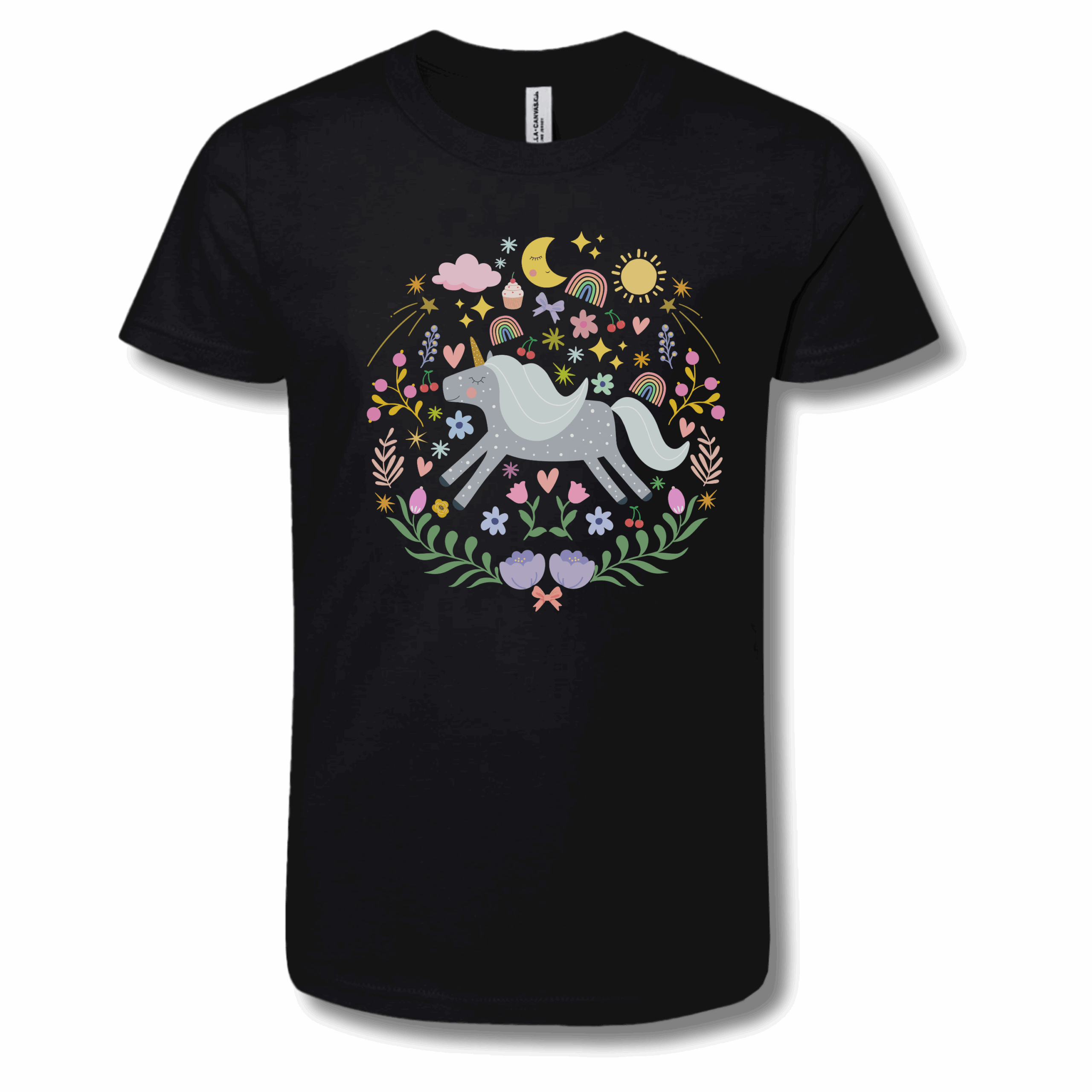 black youth t-shirt with a design of unicorns and flowers and stars