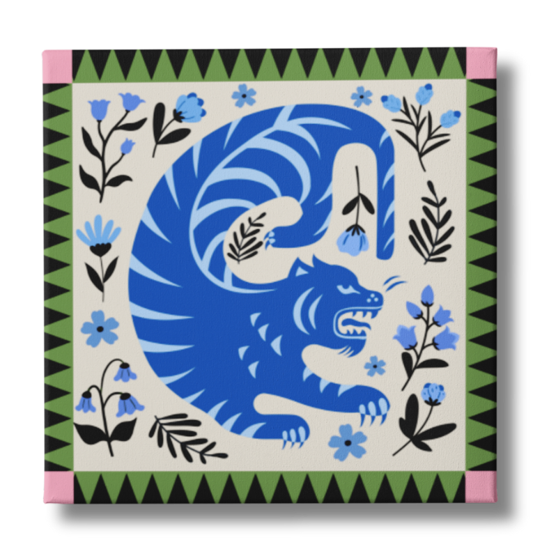 custom canvas wall art category mock up of tiger and flowers in blue
