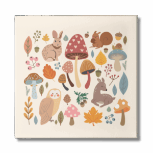 cute canvas wall art print of a rabbit and mushrooms and nature mock up